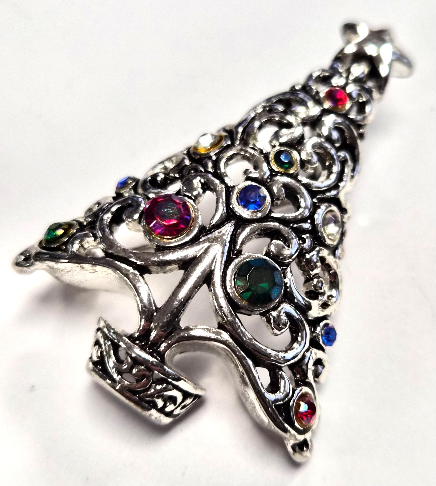 Estate Silver Tone & Rhinestone Christmas Tree Open Scroll Pendant Pin / Brooch
