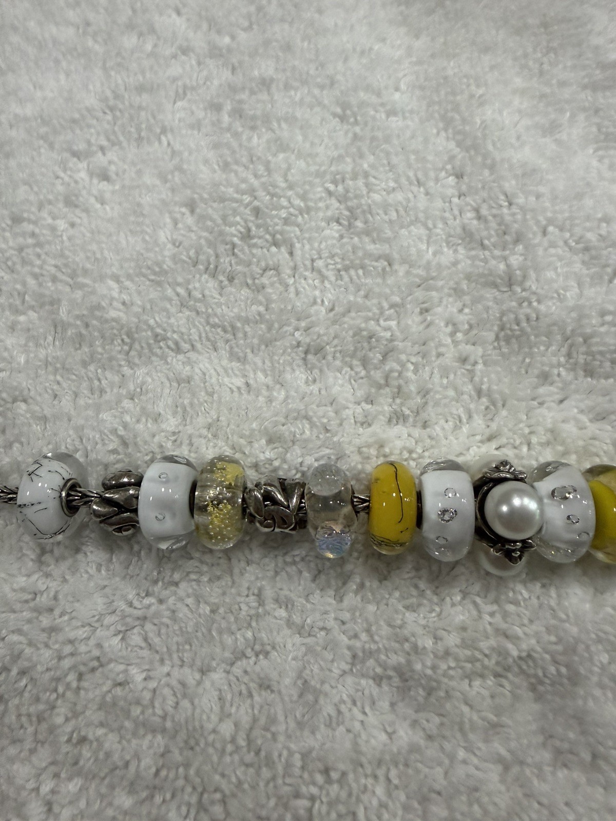 Trollbeads SS 7.5 inch Charm Bracelet with 17 Retired Charms in Whites & Yellows