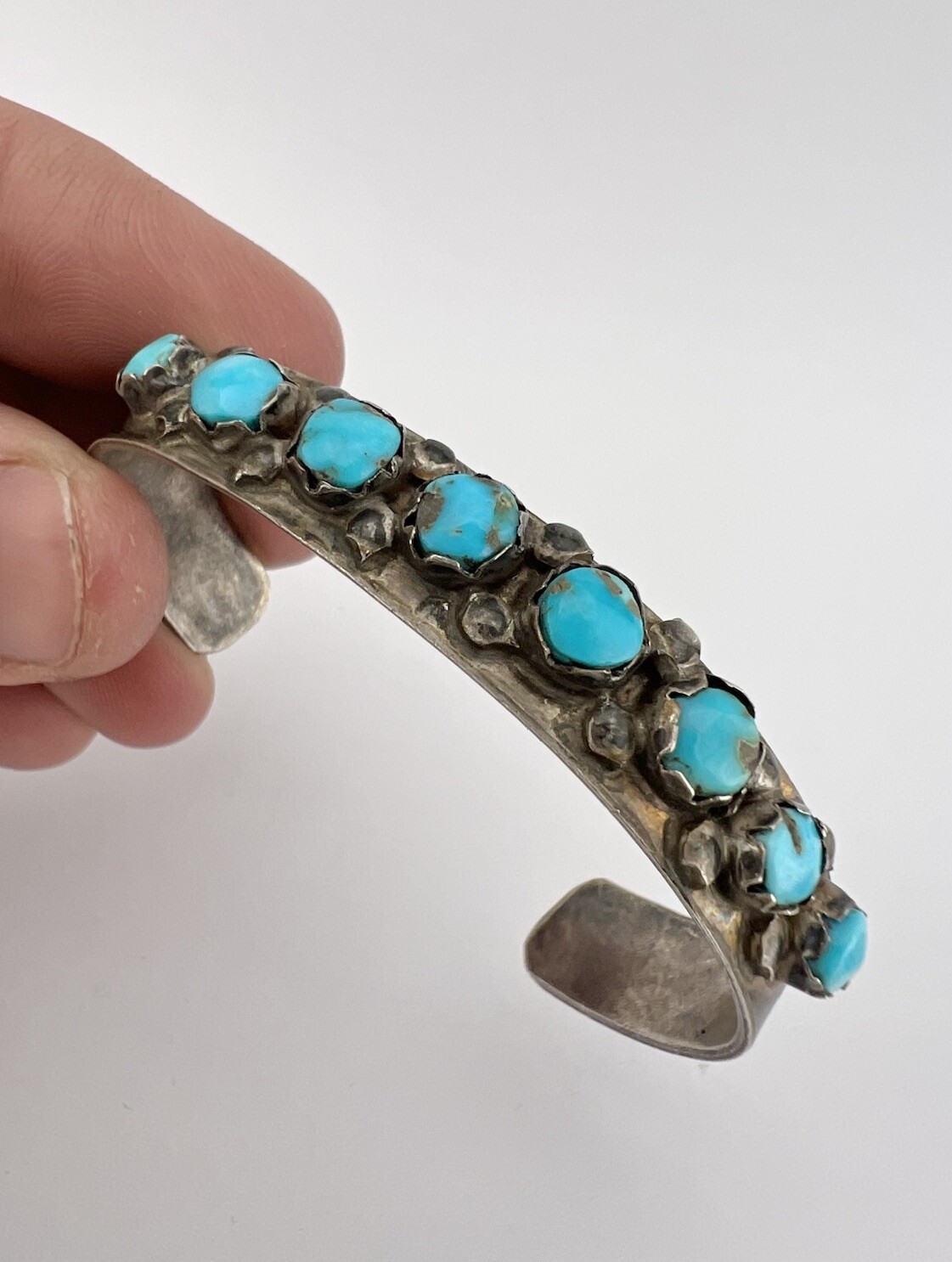 Vtg Fred Harvey Navajo Sterling Silver Turquoise Stamped Row Cuff Bracelet