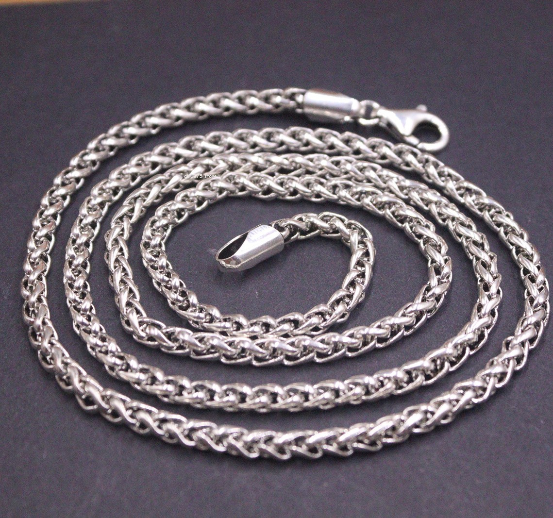 Real S925 Sterling Silver Chain Men’s 4mm Round Wheat Link Necklace 25.6inch