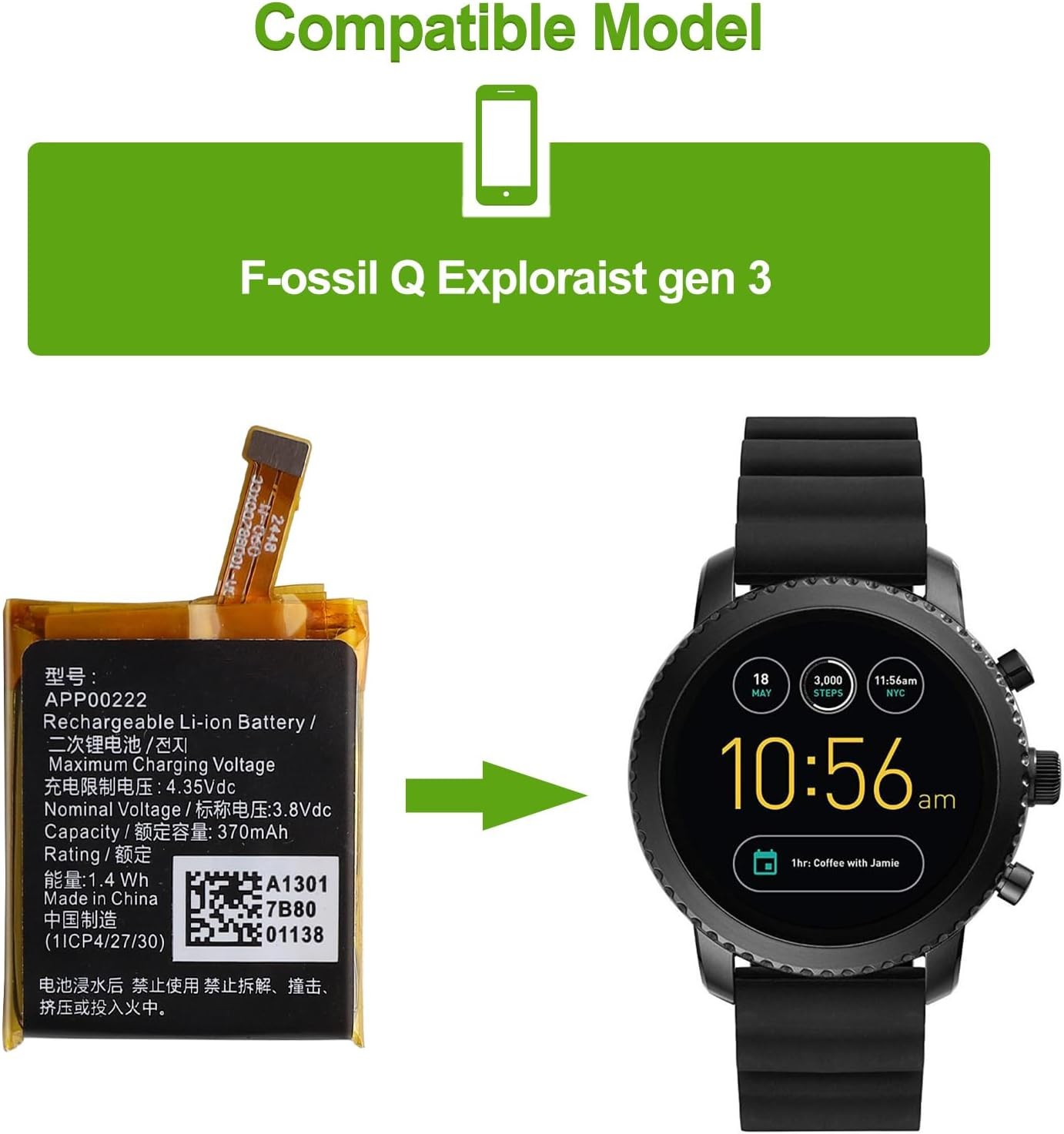 APP00222 Battery Replace for Fossil Q Explorist Gen3 Armani ART5004 3.8V Replace