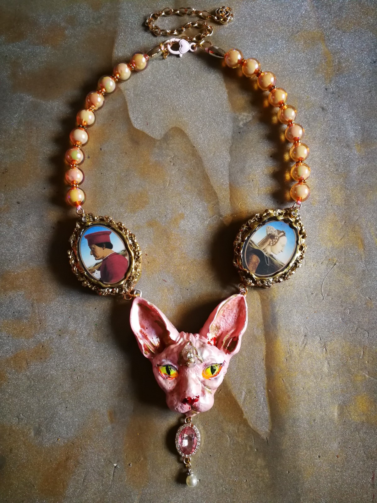 Statement Luxury Necklace Jewelry Pendant Sculpture Sphynx Cat Antique Cameo Bib