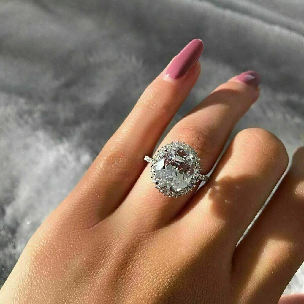 3Ct Lab Created Diamond Oval Halo Engagement Wedding Ring 14K White Gold Plated
