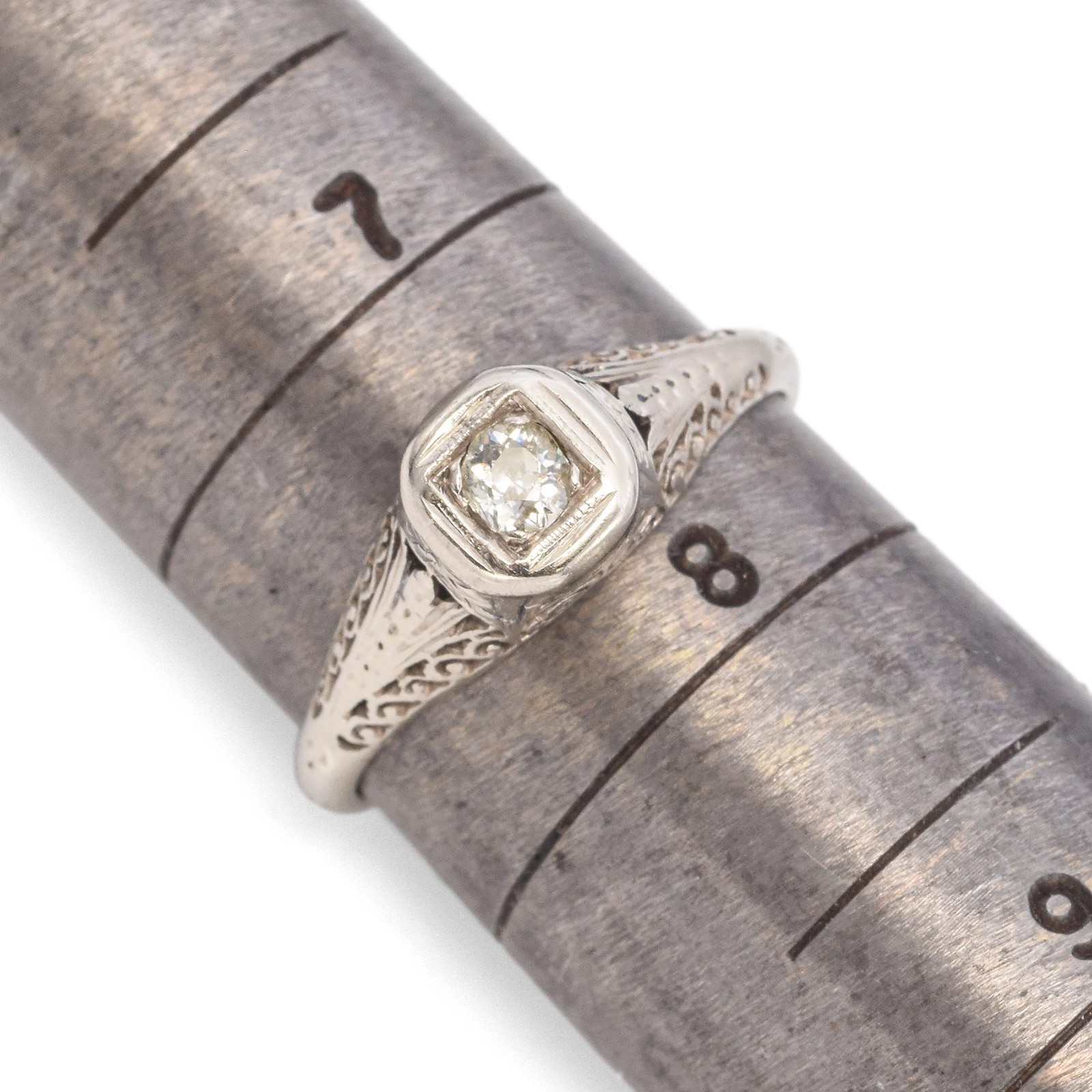 Vintage White Gold 0.11ct Old Euro Diamond Filigree Engagement Ring