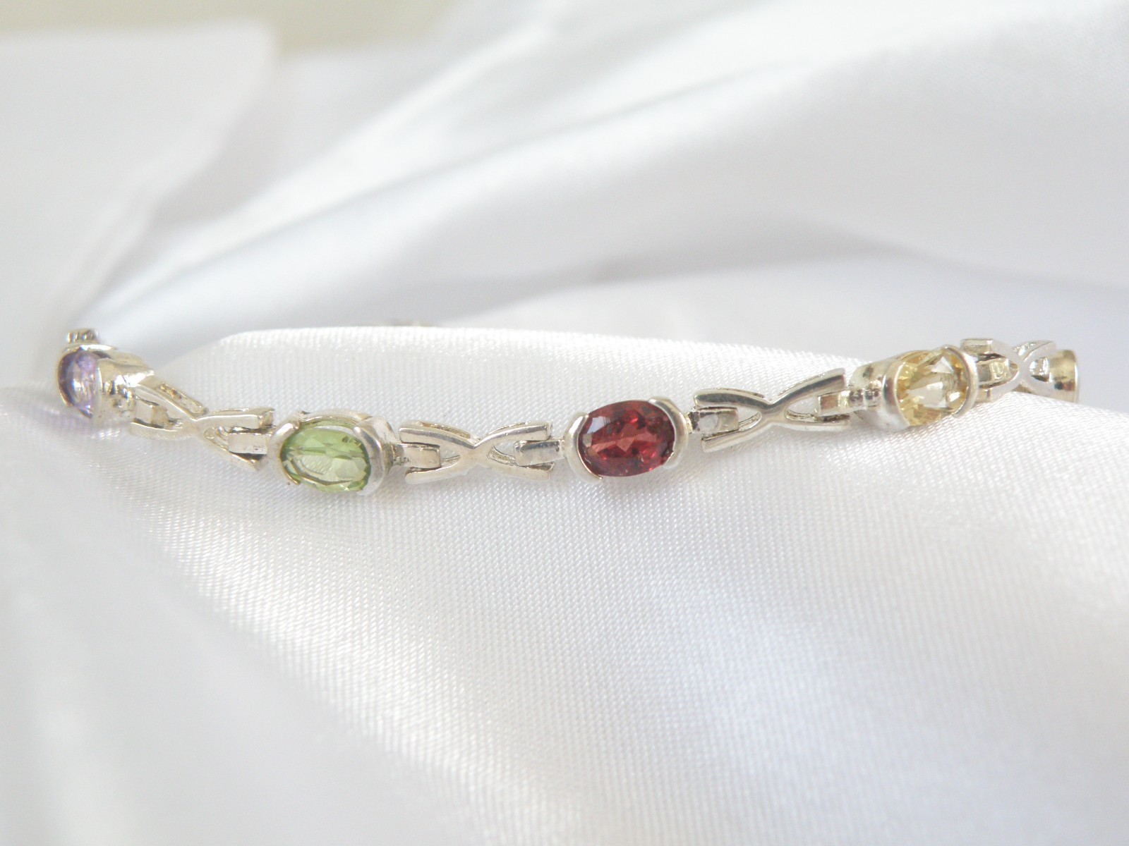 Vintage Sterling Silver 925 Gemstone Tennis Station Link Bracelet 7″