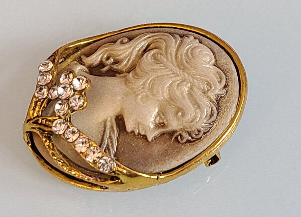 GORGEOUS 1 1/2 INCH DIMENSIONAL RESIN RHINESTONE CAMEO FLOWERS BROOCH PIN WOW