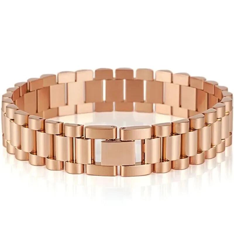 15MM Wide 8/8.86‘’ Watch Chain Wristband Bracelet Gold Plated Stainless Steel
