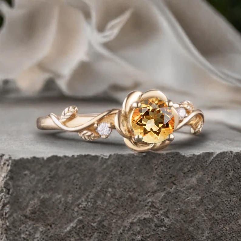 Art Deco Natural Citrine Gold Plated on Silver Engagement & Wedding Ring For Her