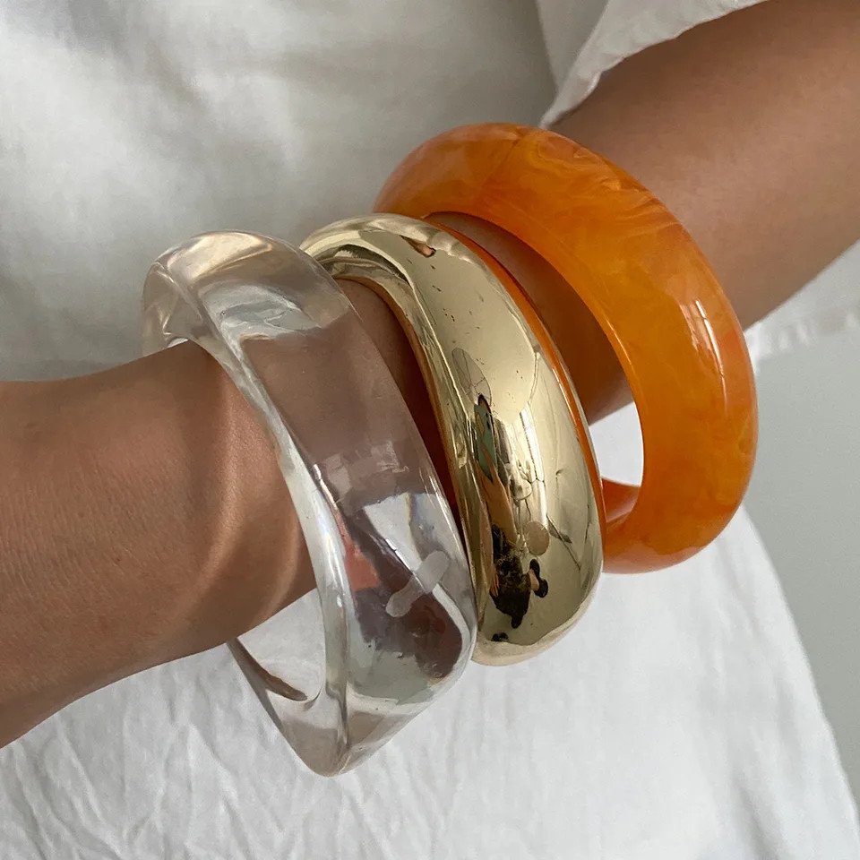Acrylic Resin Cuff Bangle Women Silver Tone Geometric Round Layered Jewelry