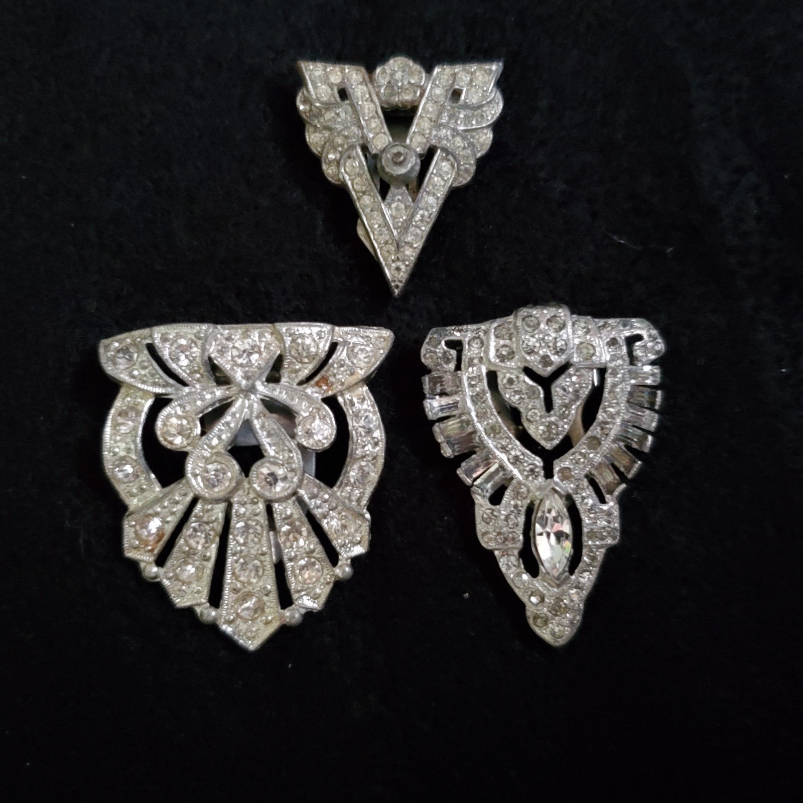 Vintage Rhinestone Dress Clip Silver Tone Art Deco Lot of 3