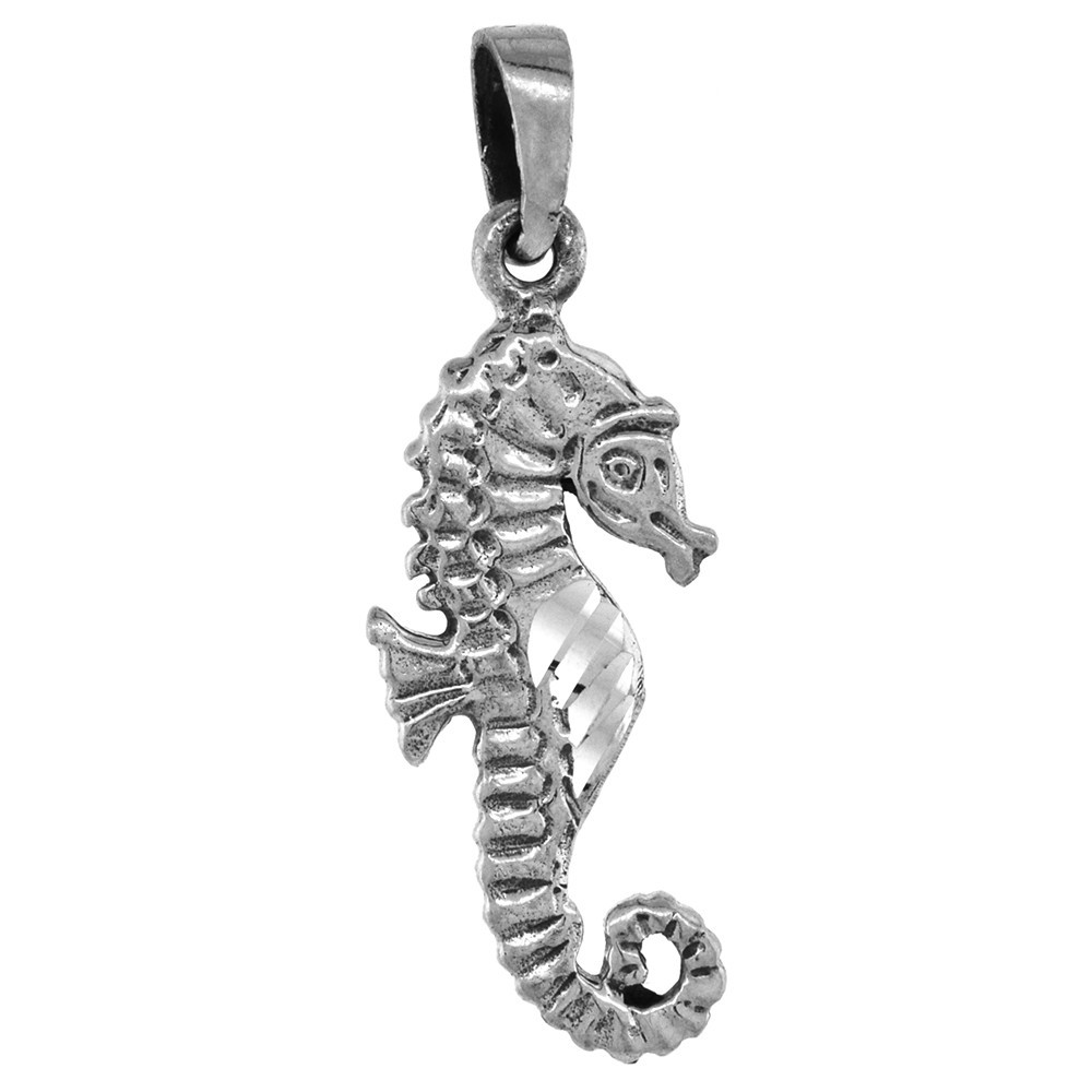 925 Sterling Silver Seahorse Pendant Oxidized Finish 1 1/8 (28mm) Inch Tall