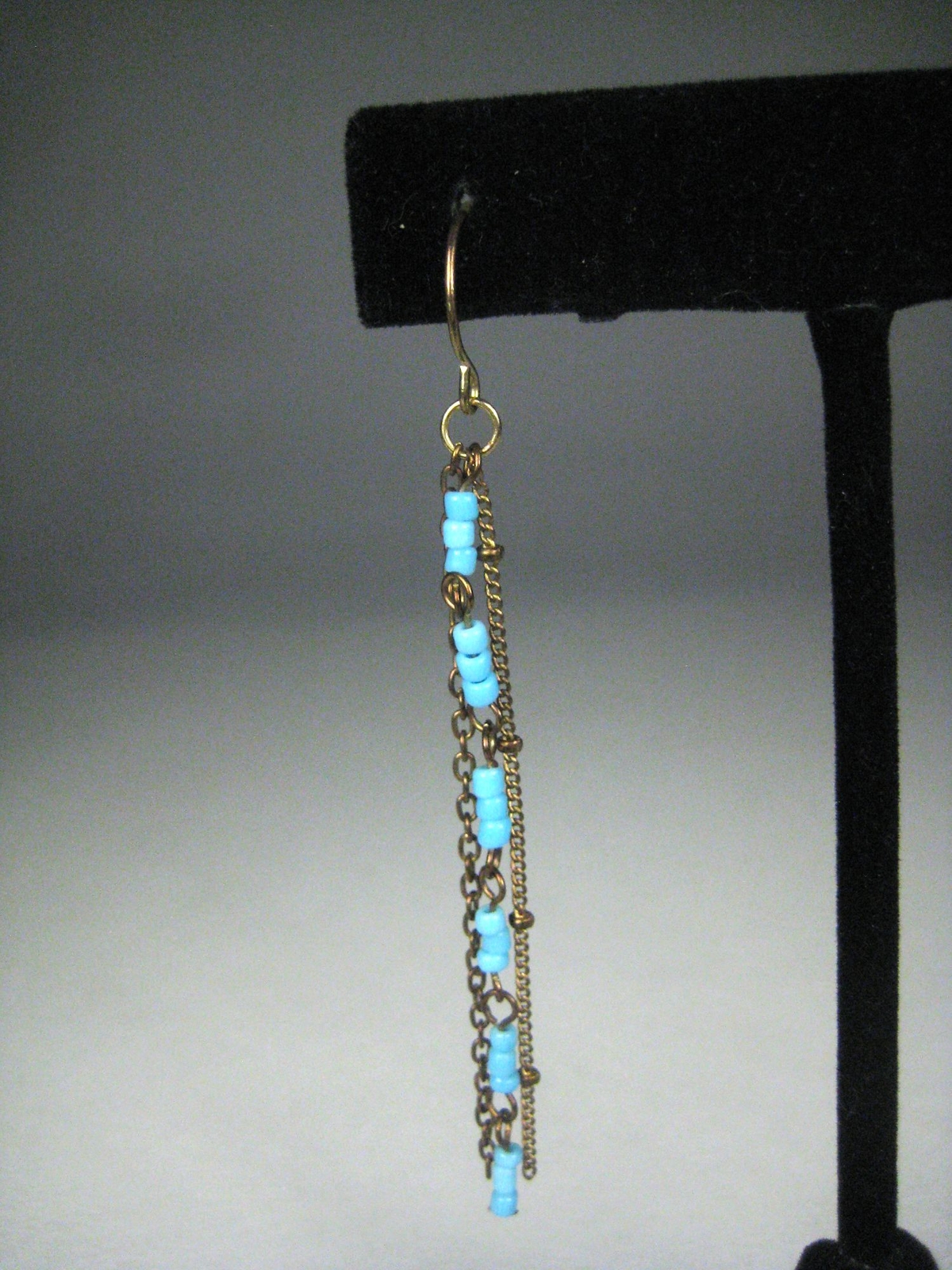 Blue Sead Beaded Dangle Earrings Pierced Copper Color Metal Chain 2.8 in