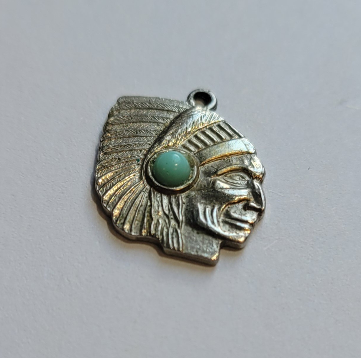Native American Indian Chief Head Charm Faux Turquoise Nickel Silver Vintage