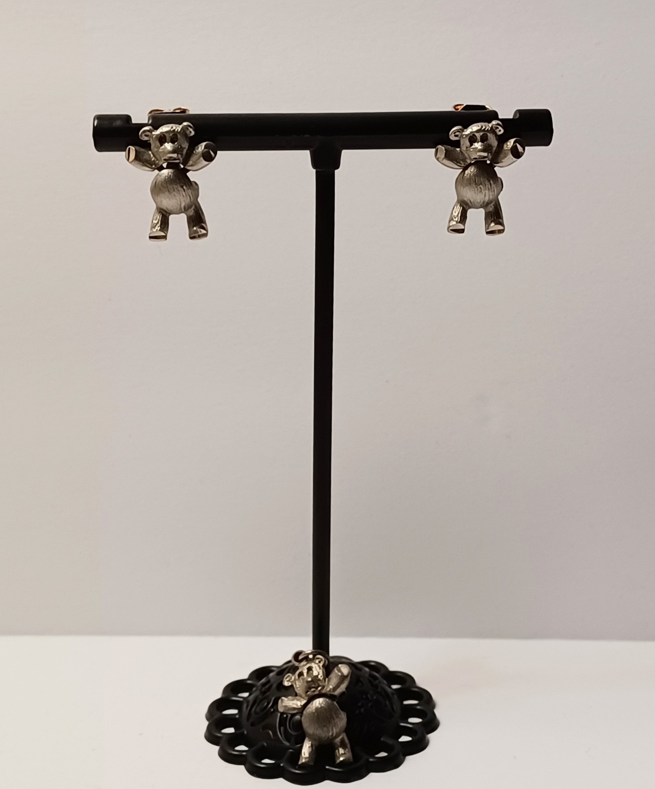 Tiny Pewter Articulated Teddy Bear Earrings & Pendant No Chain