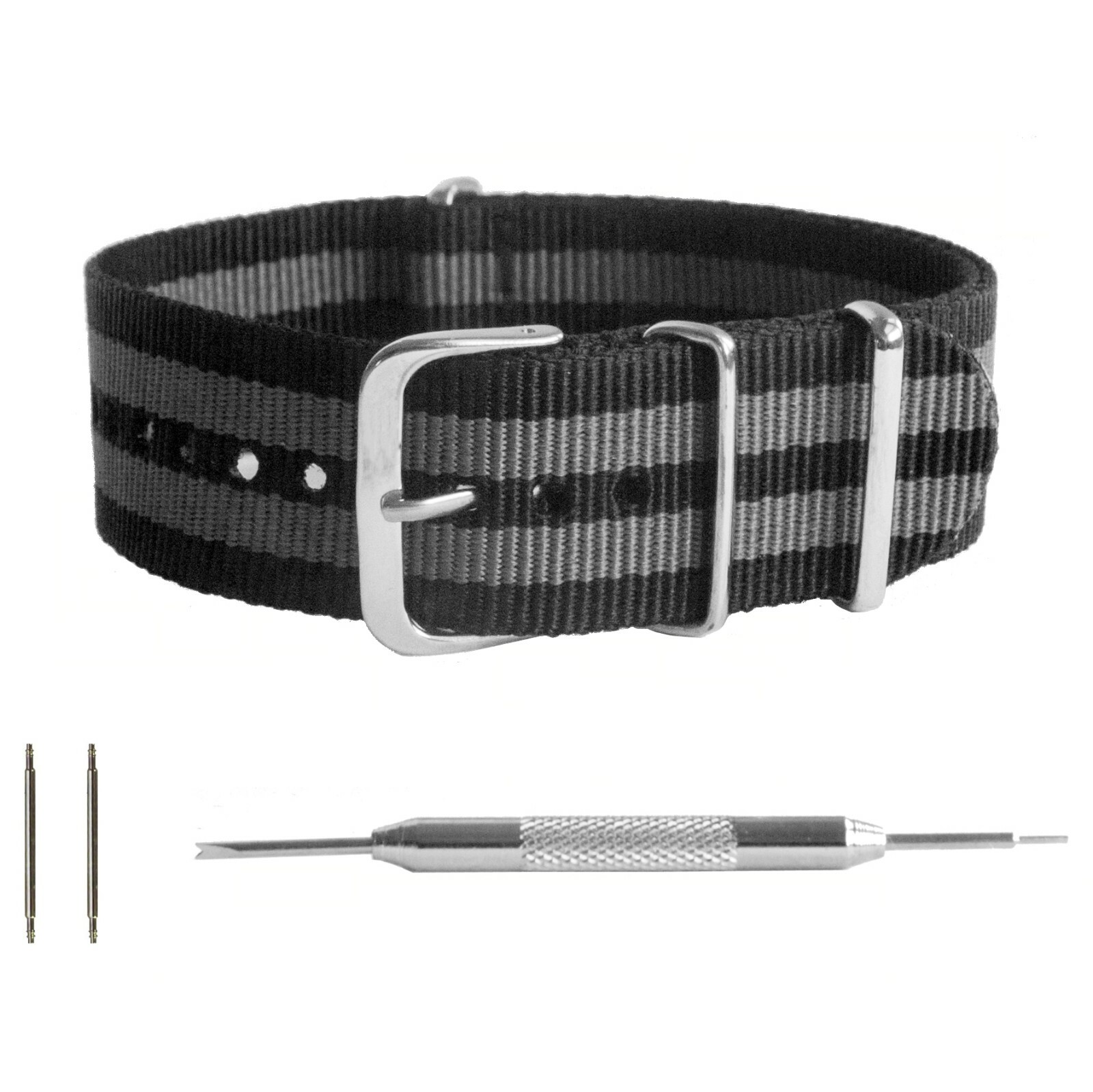 Black / Grey Striped Ballistic Nylon One-Piece Watch Band – 18, 20, 22 or 24mm