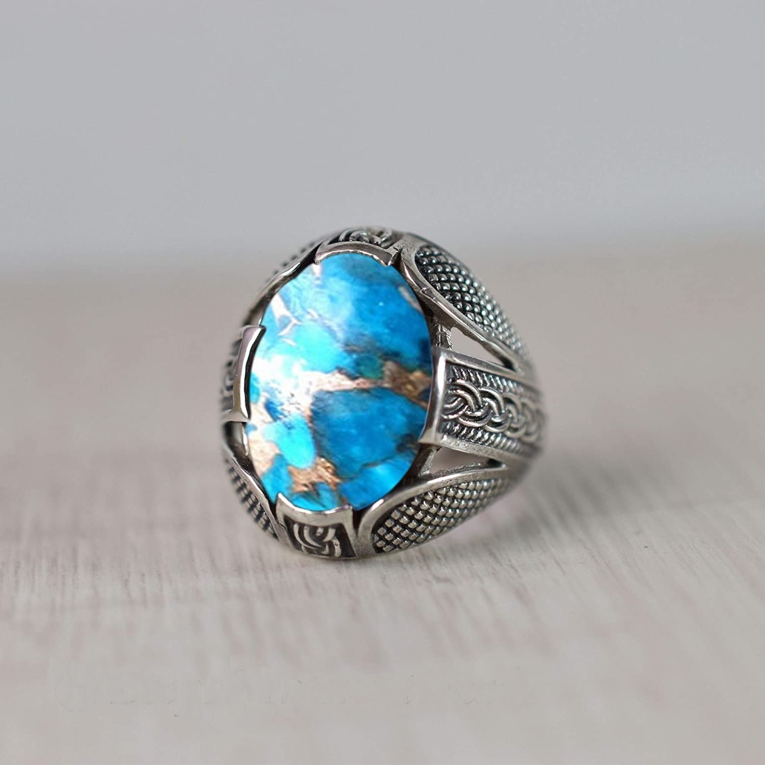 Solid 925 Sterling Silver AA Natural Copper Turquoise Gemstone Men’s Unisex Ring