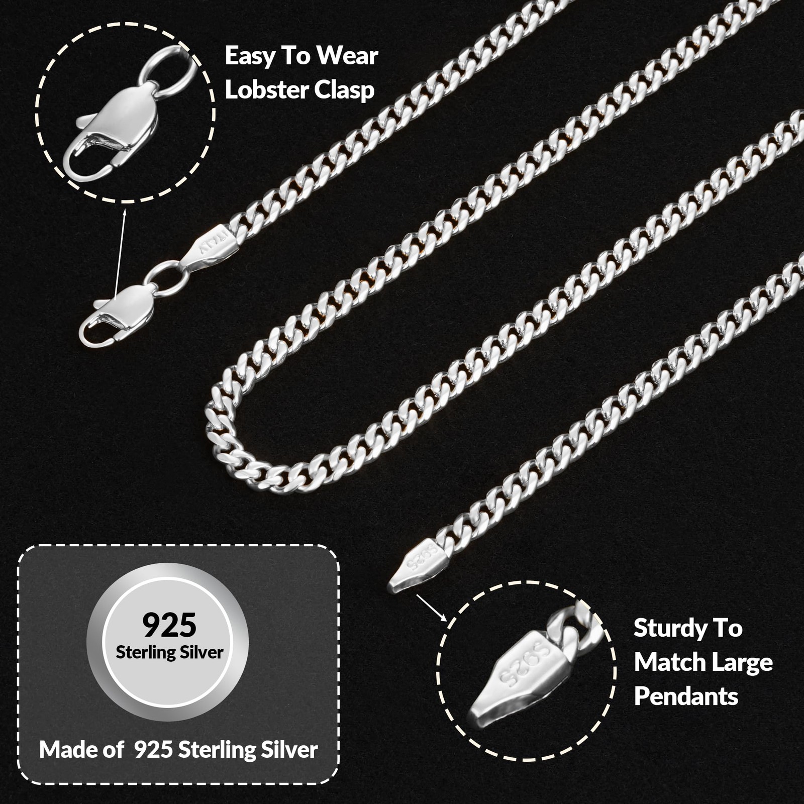 Mens Cuban Link Chain Necklace 4mm Sterling Silver 18K Gold Plated 1626 Inch