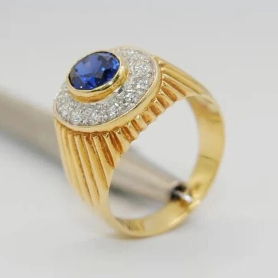 1.50CT Lab Grown Sapphire & Diamond 14K Yellow Gold Halo Engagement Men’s Ring