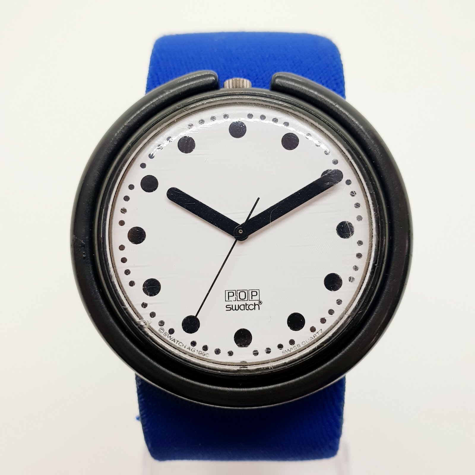 1990 Rare Pop Swatch Watch Black Dots Seconds Hand no Lume Blue Pop Strap 90s