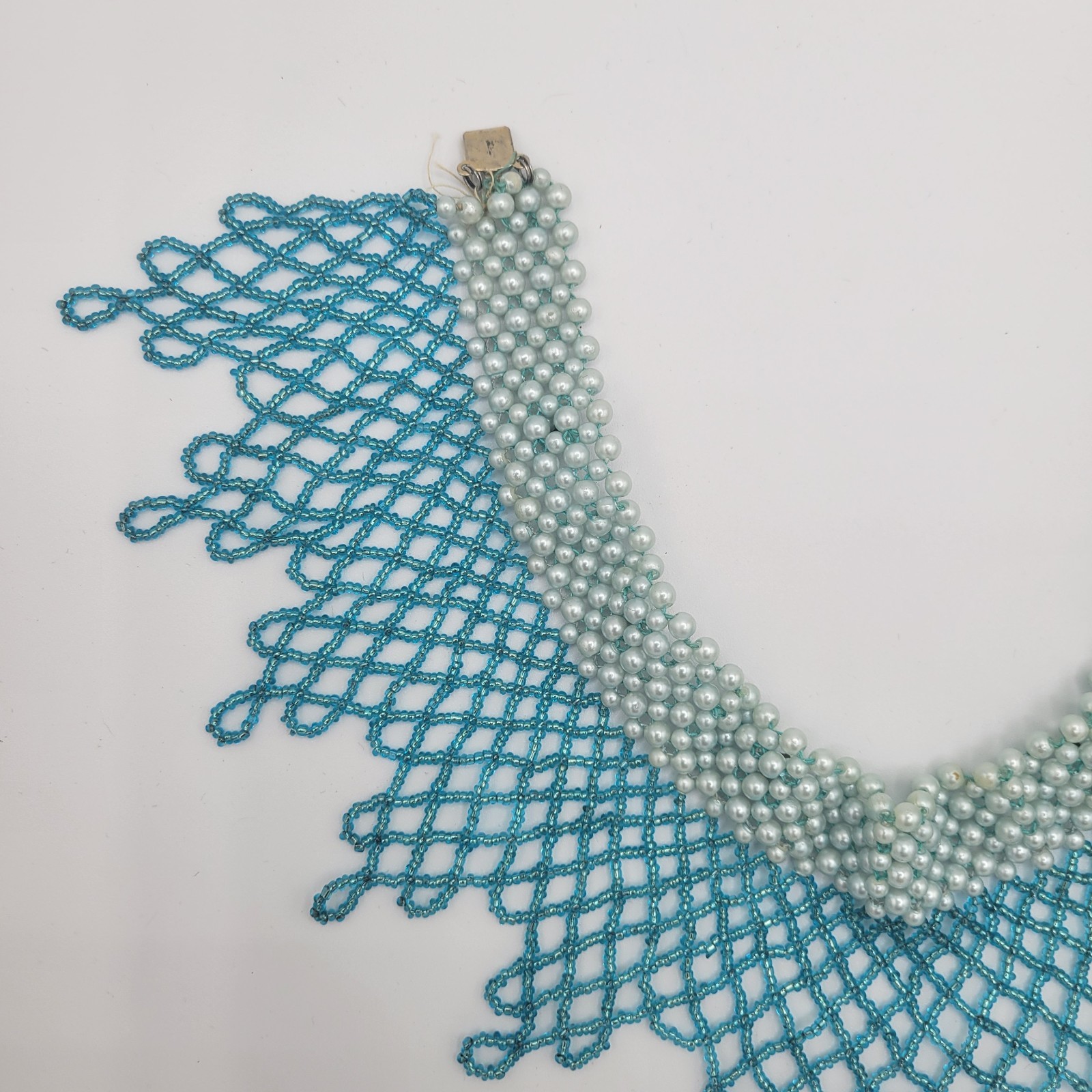 Woven Seed Bead Choker Collar Necklace Bib Teal Faux Pearl & Rhinestone
