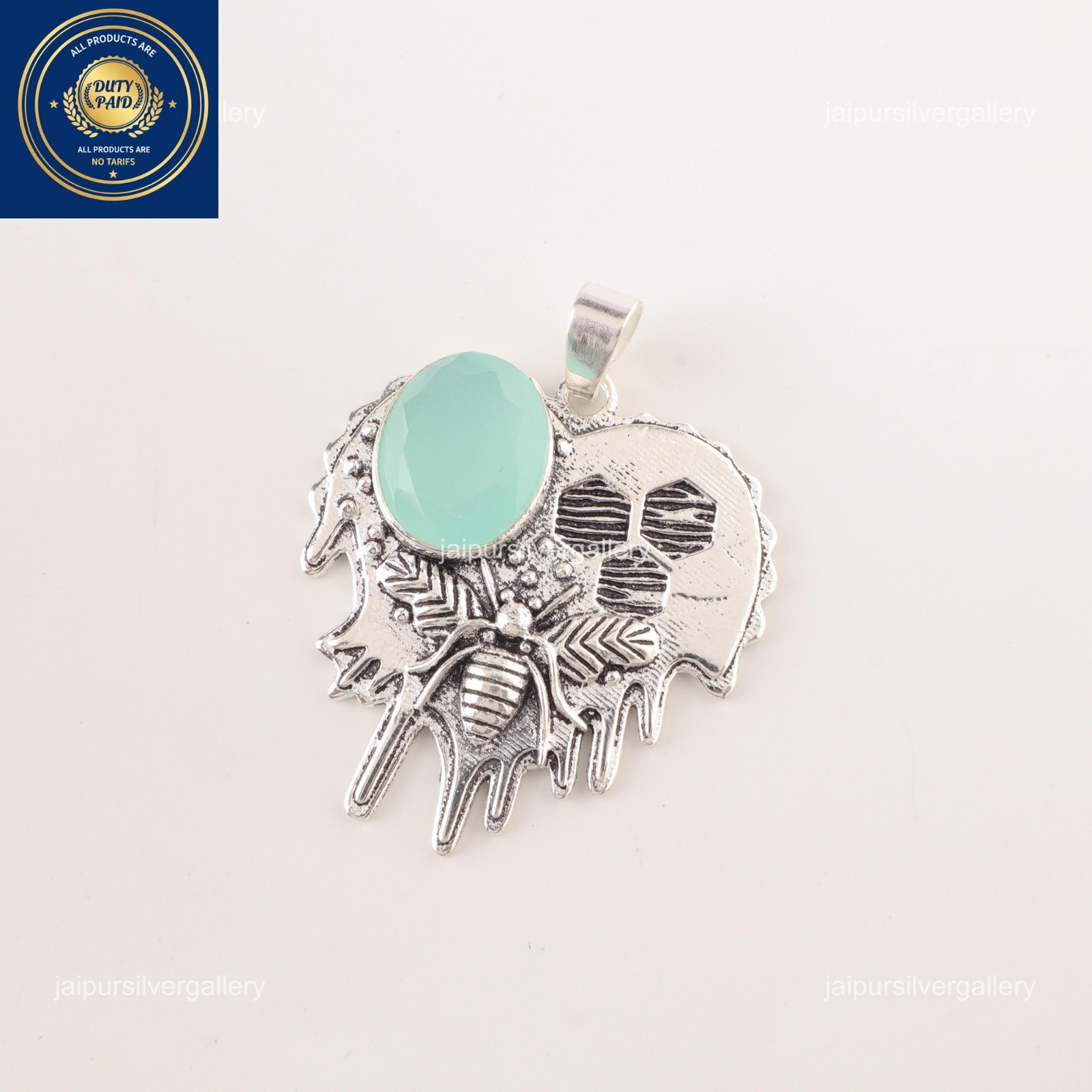925 Silver Throat Chakra Aqua Chalcedony Gemstone Daughter Bezel Pendant Jewelry