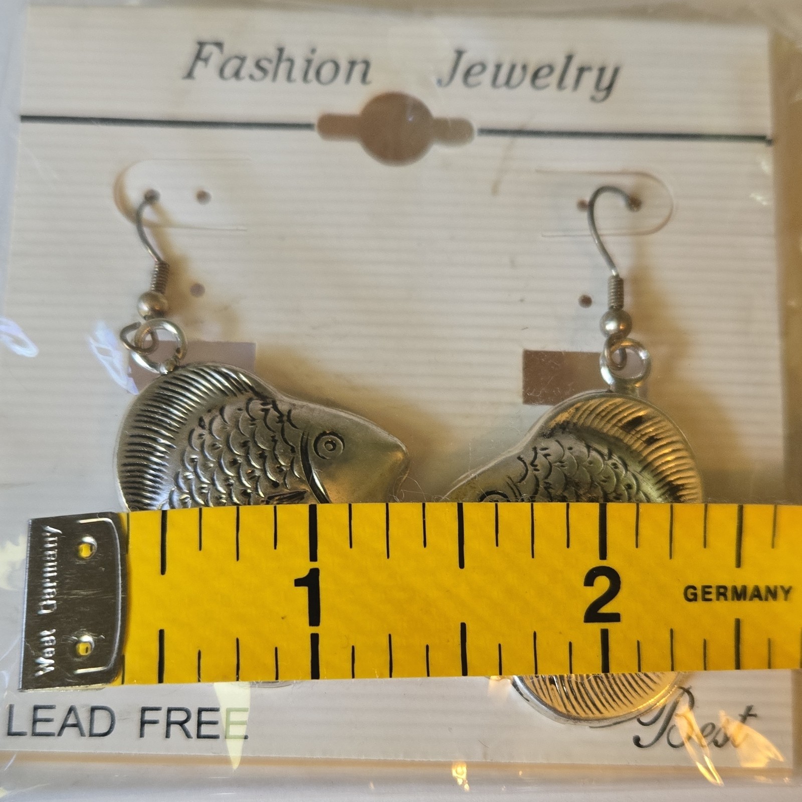 Earrings Fish Design Silver Tone Dangle Hook Lead-Free Metal No Stone