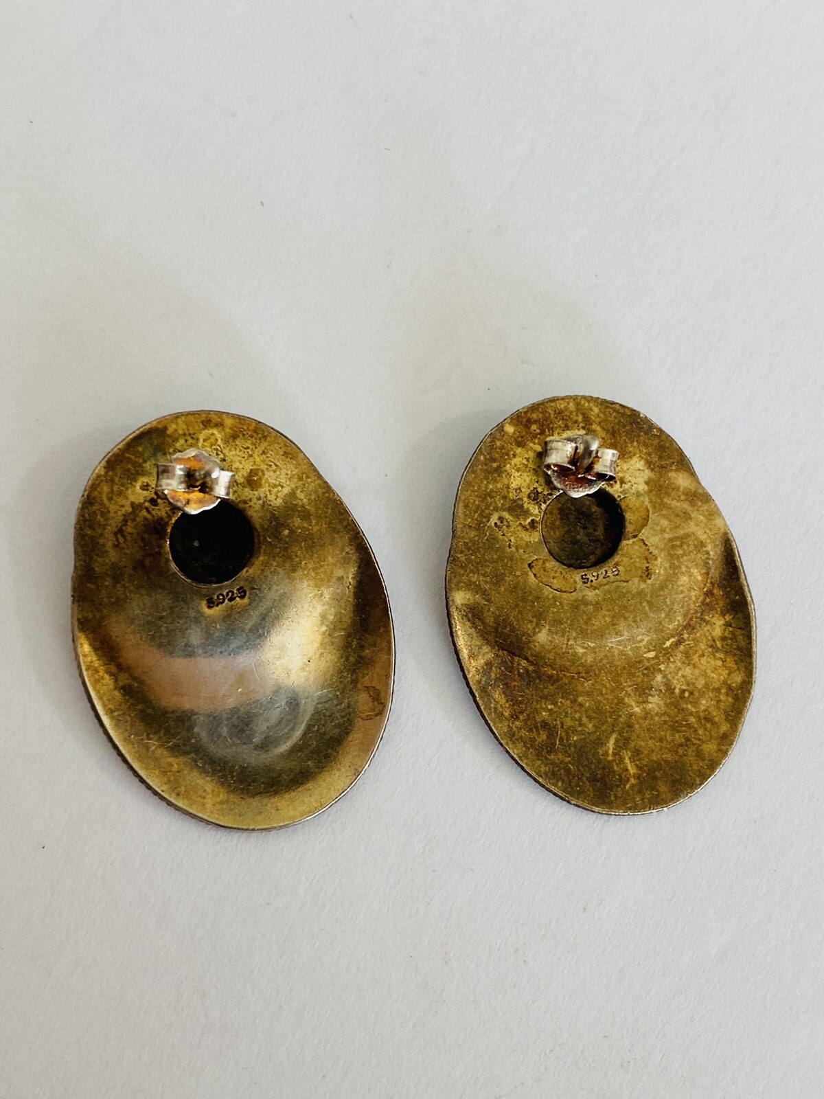 Vintage Chinese Export Gilt Sterling Silver Enamel Blue Waves Oval Earrings