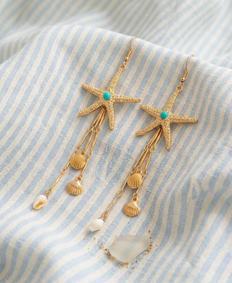 Starfish Shell Earrings Turquoise Ettika STYLE Gold Chain Boho Nautical Boho Y2K