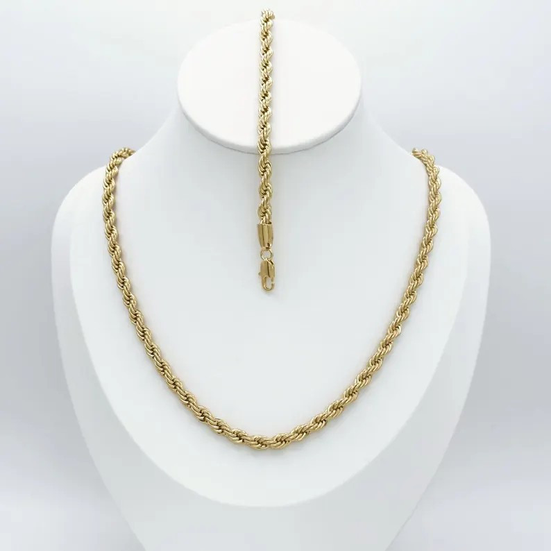 Gold 5mm Diamond Cut French Rope Chain Set, 14k Heavy Plated Gold