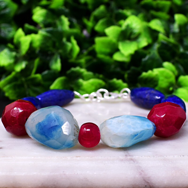 190.00 Cts Earth Mined 7″ Long Red Ruby & Lapis Lazuli Beads Bracelet NK 05E187