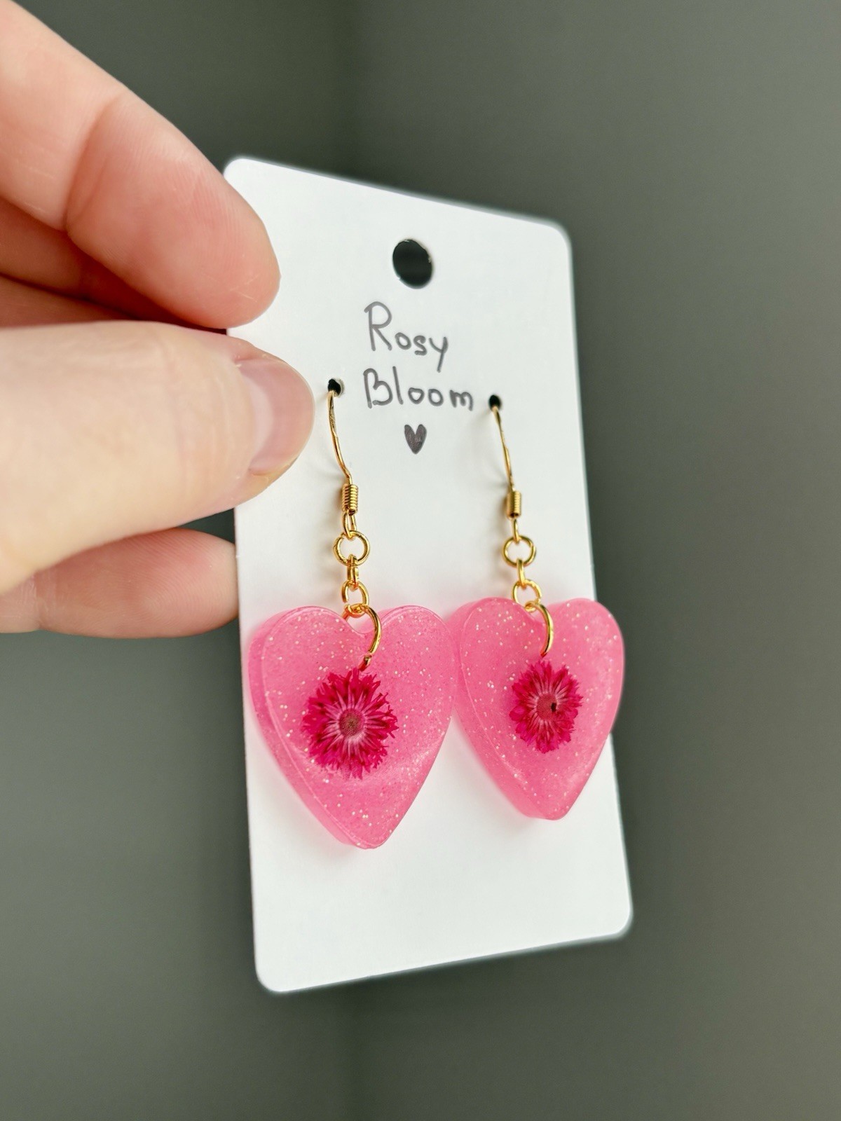 Rosy Bloom Resin Heart Earrings Handmade Real Dried Flower Pink Botanical