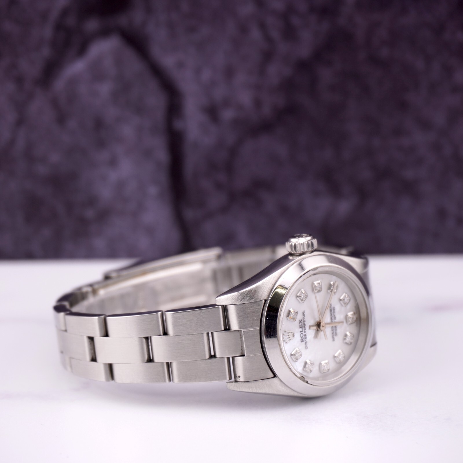 Rolex Oyster Perpetual 25mm Steel White MOP Diamond Smooth Oyster Ladies Watch