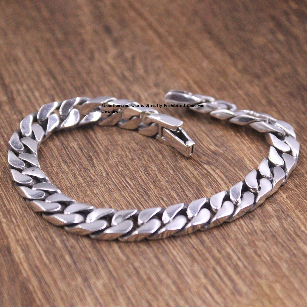 Pure S925 Sterling Silver Chain Men Women 8mm Curb Link Bracelet 34-35g 7.5inch