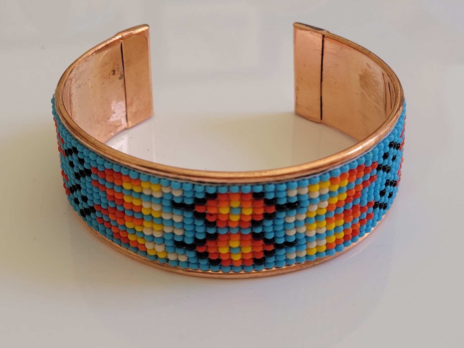 Native American Style Copper Seed Beaded Adjustable Bracelet Cuff Blue Feather