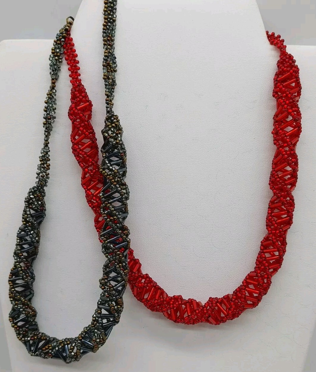 Seed Beaded DNA Design Statement Necklace Red & Black Brown Lot Of 2