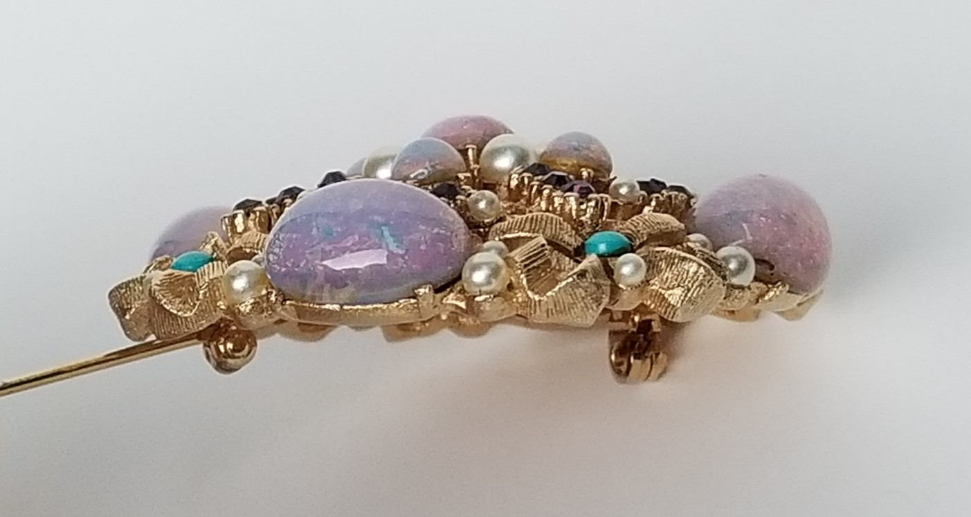 Vintage R. MANDLE Faux Opal, Pearl & Turquoise Rhinestone Gold Tone Pin Brooch