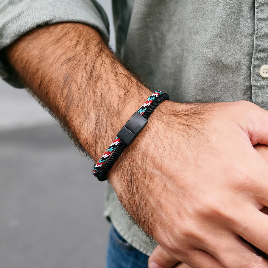 1pc Paracord Bracelet Men Stainless Steel Magnet Buckle Nautical Wrap Style Gift