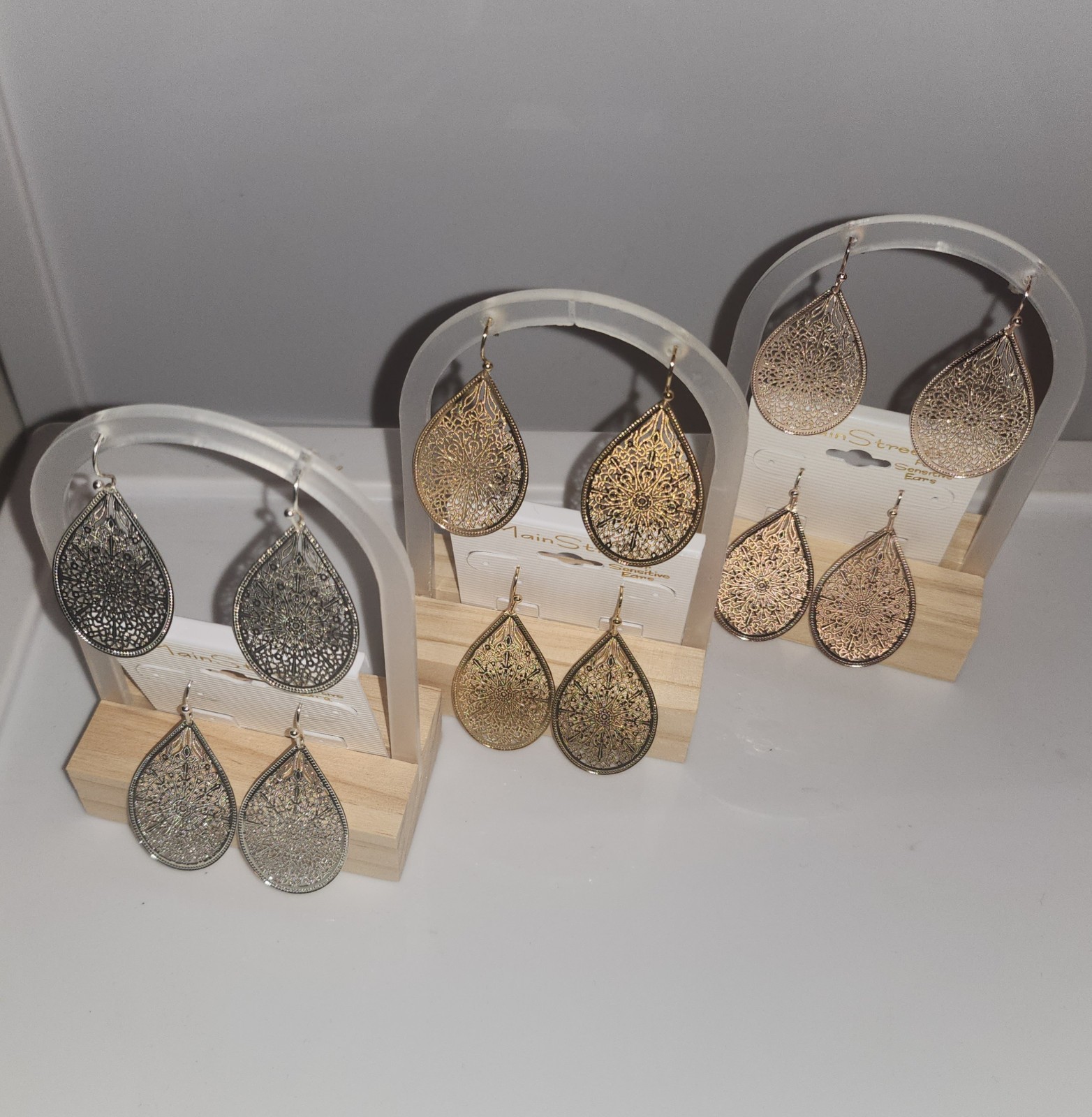 Large Delicate Filigree Teardrop Earrings: Silver, Gold & Rose Gold by Main St.