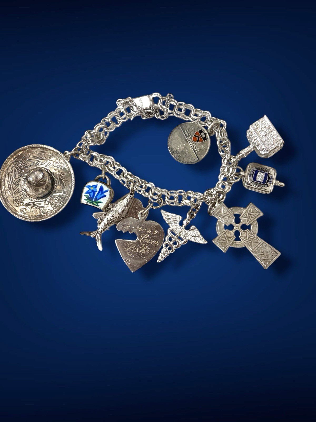 Sterling SIlver Charm Bracelet 50g Vintage 1960s American Yale Doctor 10 Charms