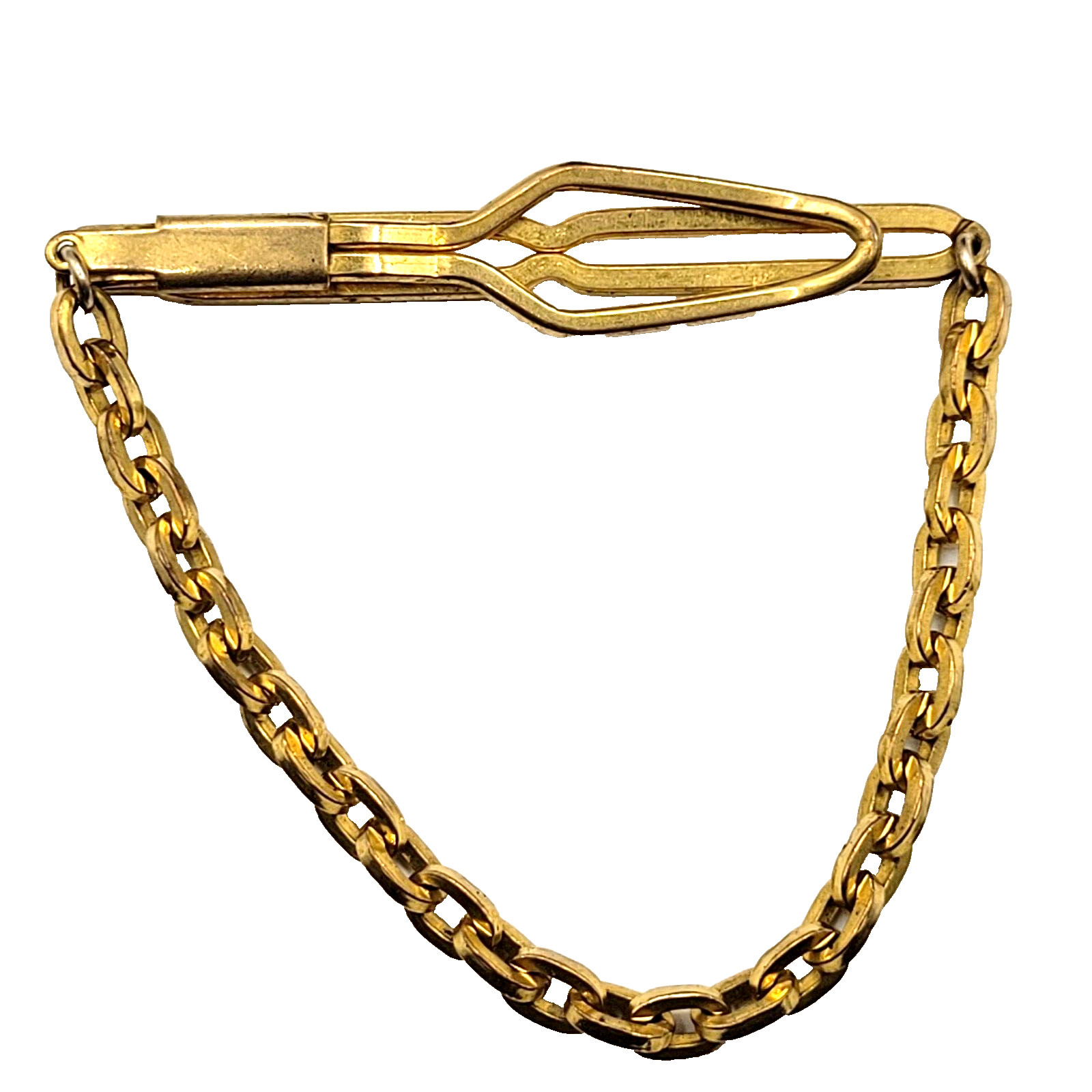 Fancy Dress Formal Vintage Gold Tone Brass Plate Tie Bar Clasp Cable Chain 1930s