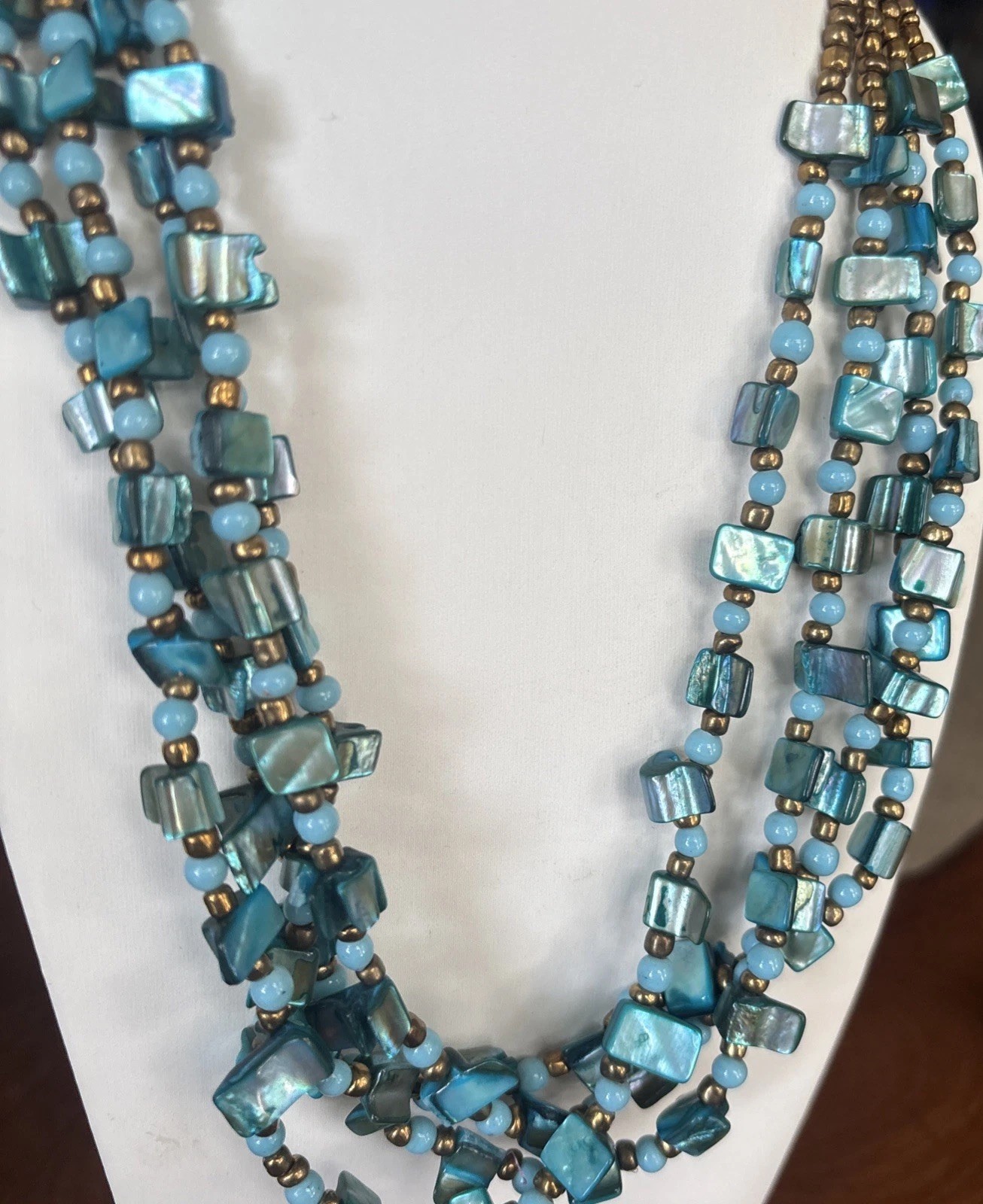 Multi Strand Turquoise Beaded Shell Statement Necklace Southwest Boho Style 19”