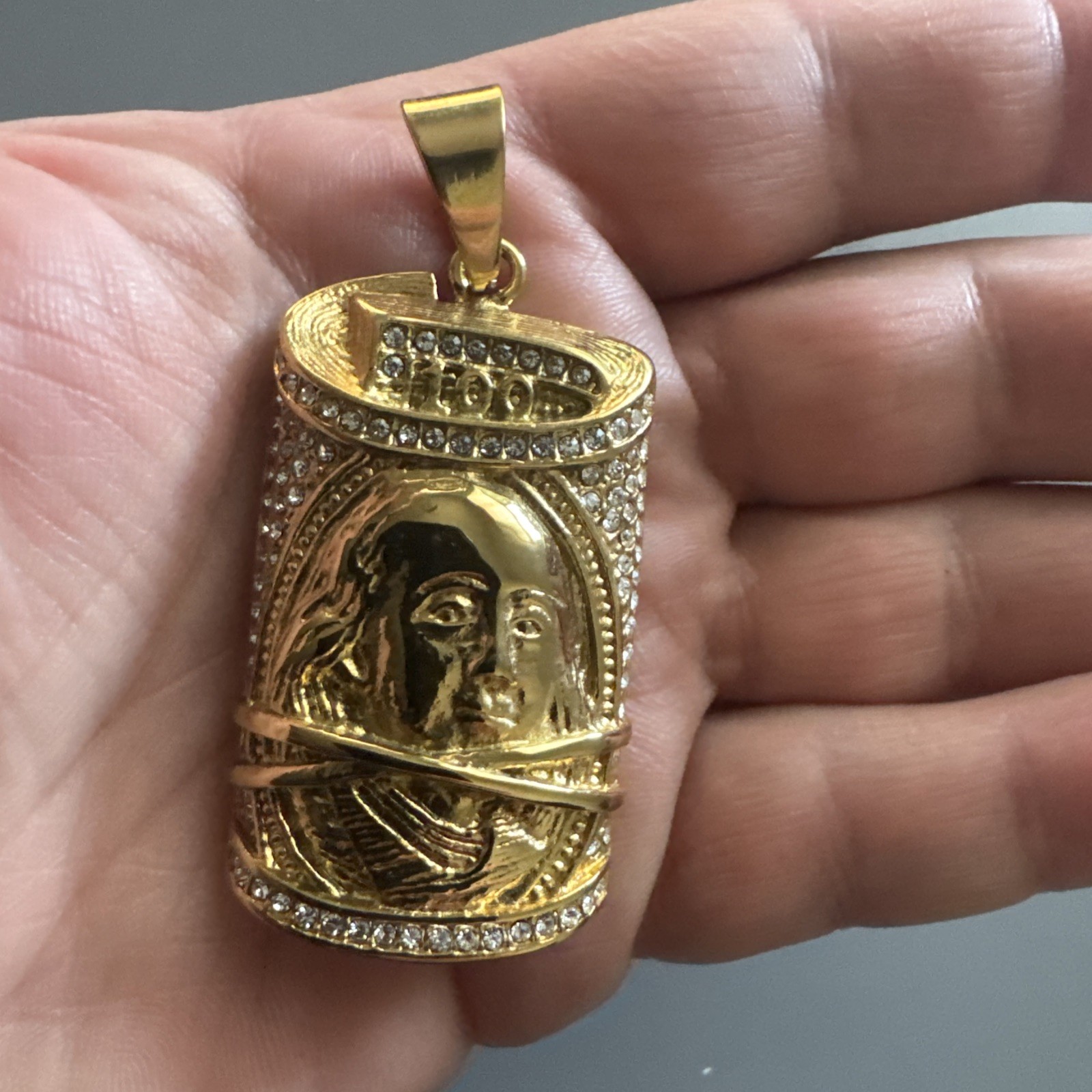 $100 Bill Pendant Gold Cubic Zirconia 24” Chain Hop Hop Money Dollar Franklin
