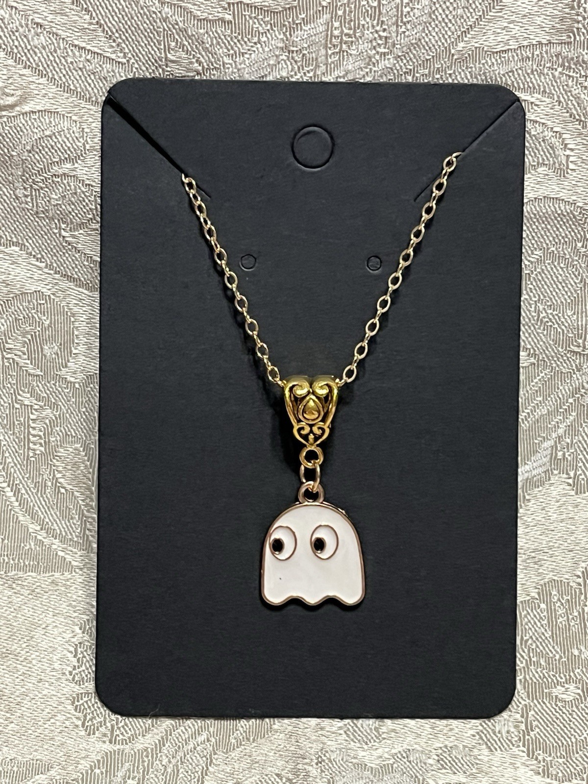 PAC Man Dinky White Ghost Gold Enamel Fashion Video Game Novelty 18” Necklace