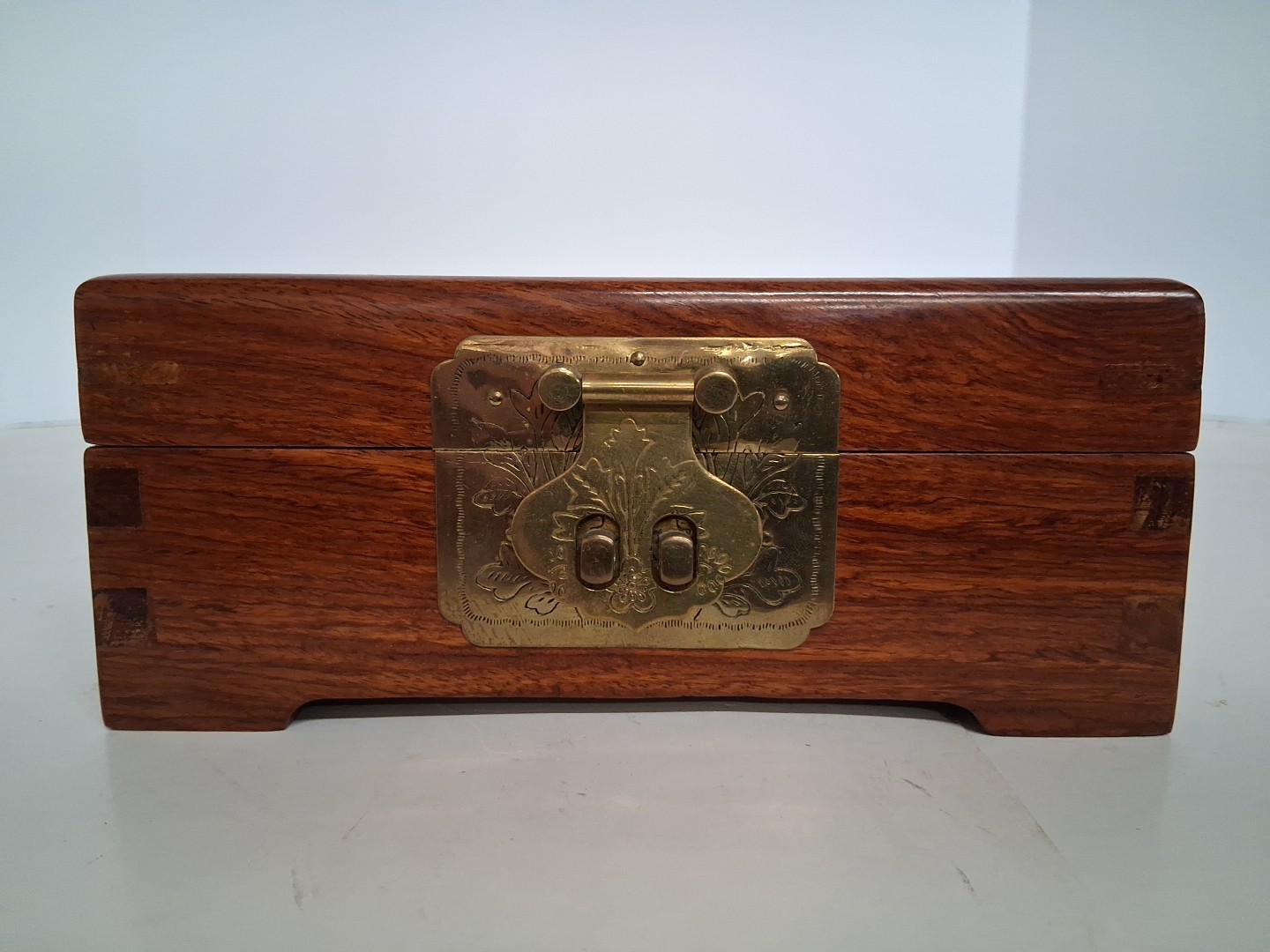 Vintage Chinese Rosewood Jewelry Box w/ Brass Latch and Dovetail Joints