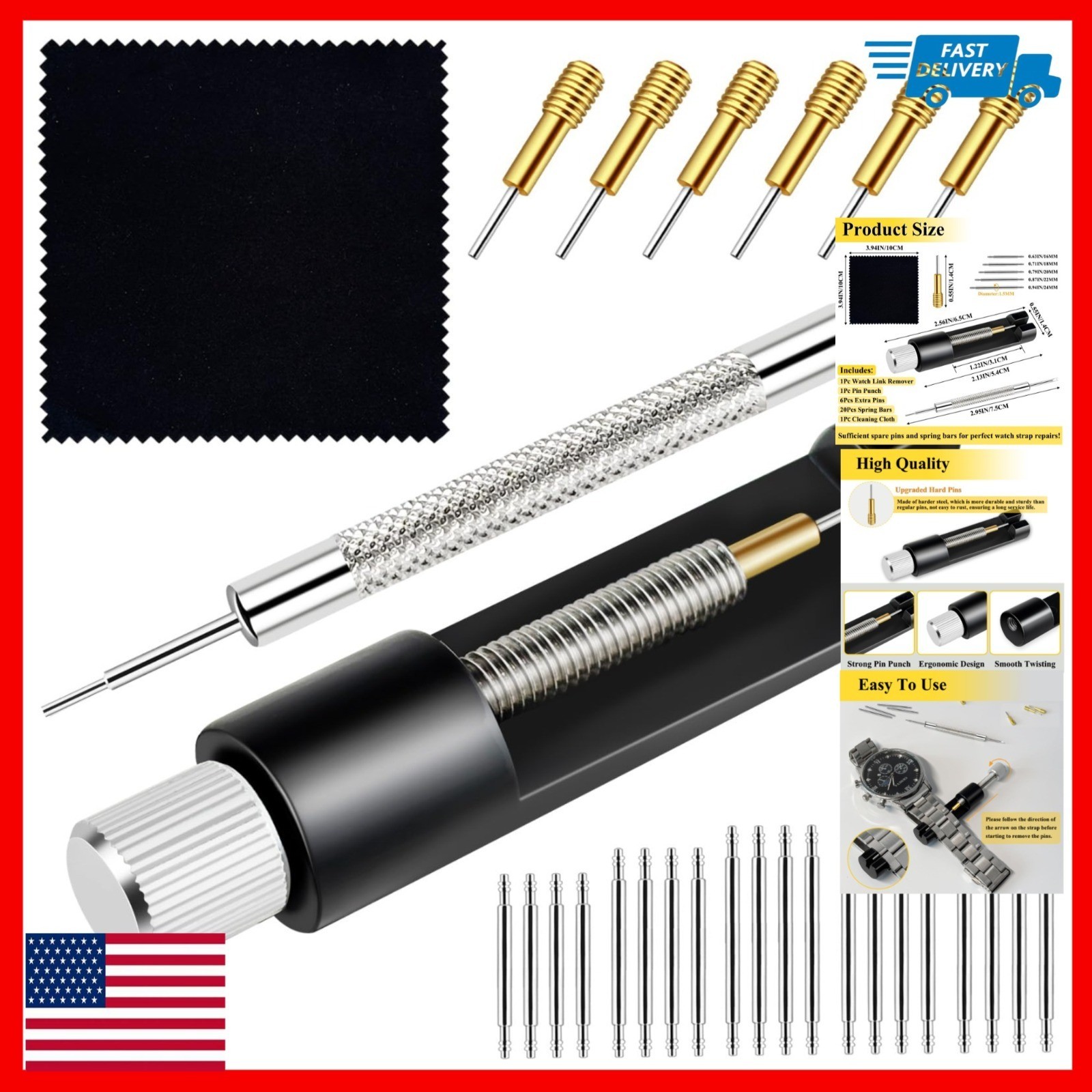 Watch Link Removal Tool Kit with Spring Bars and Cleaning Cloth