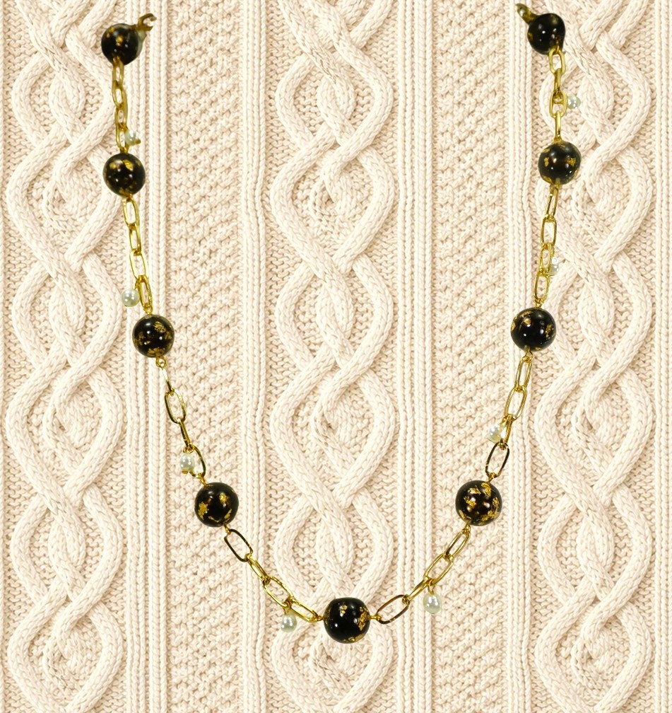 Black and gold leaf bead necklace with white pearls and gold link chain New