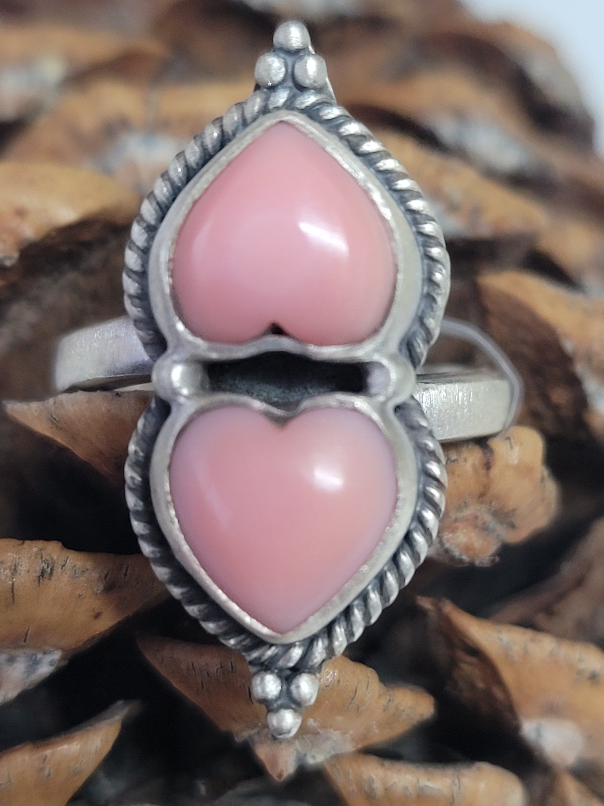 Pink conch double heart adjustable ring – SS 925 – handmade