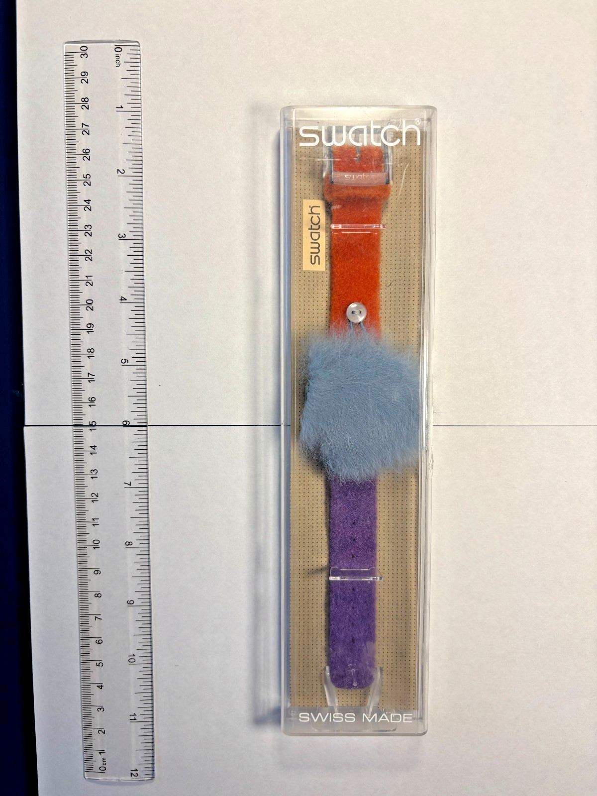 Vintage 1999 Swatch “Fashion Fuzz” AGN199 Watch – Working w/ Case & Blue Pom-Pom