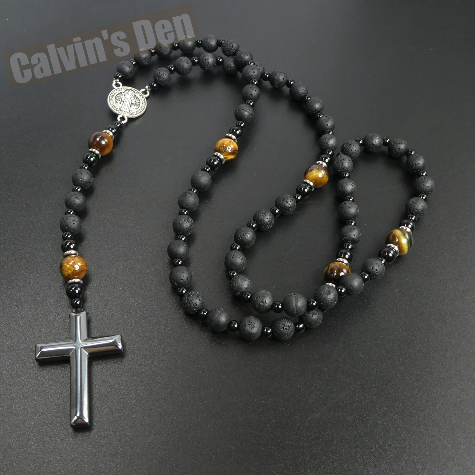 St Benedict Lava Stone Tiger Eye Black Onyx Hematite Cross Rosary Necklace Men