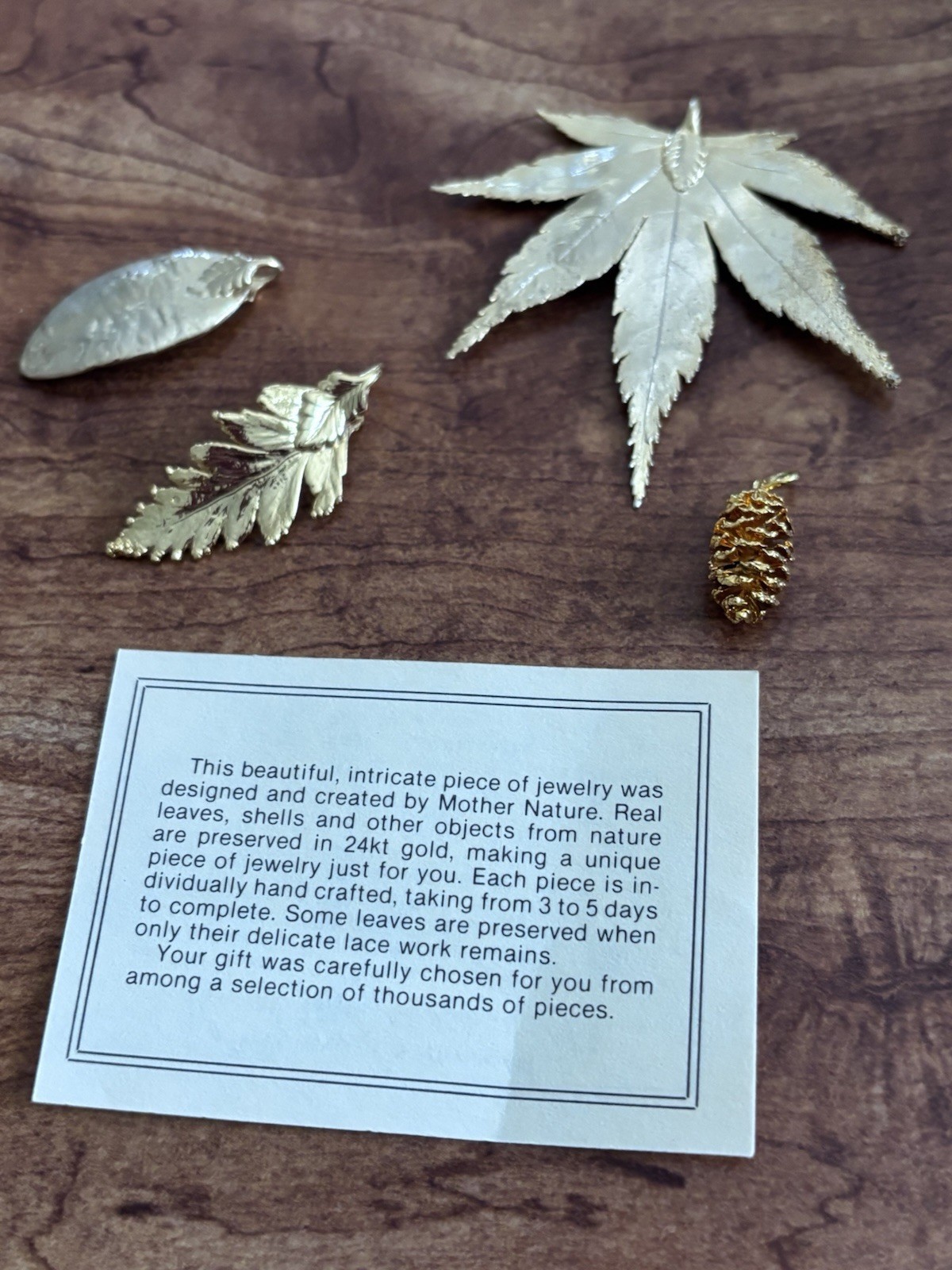 Vintage 1980’s Gold Plated Real Leaves and Pinecone Handmade- lot of 4 pieces